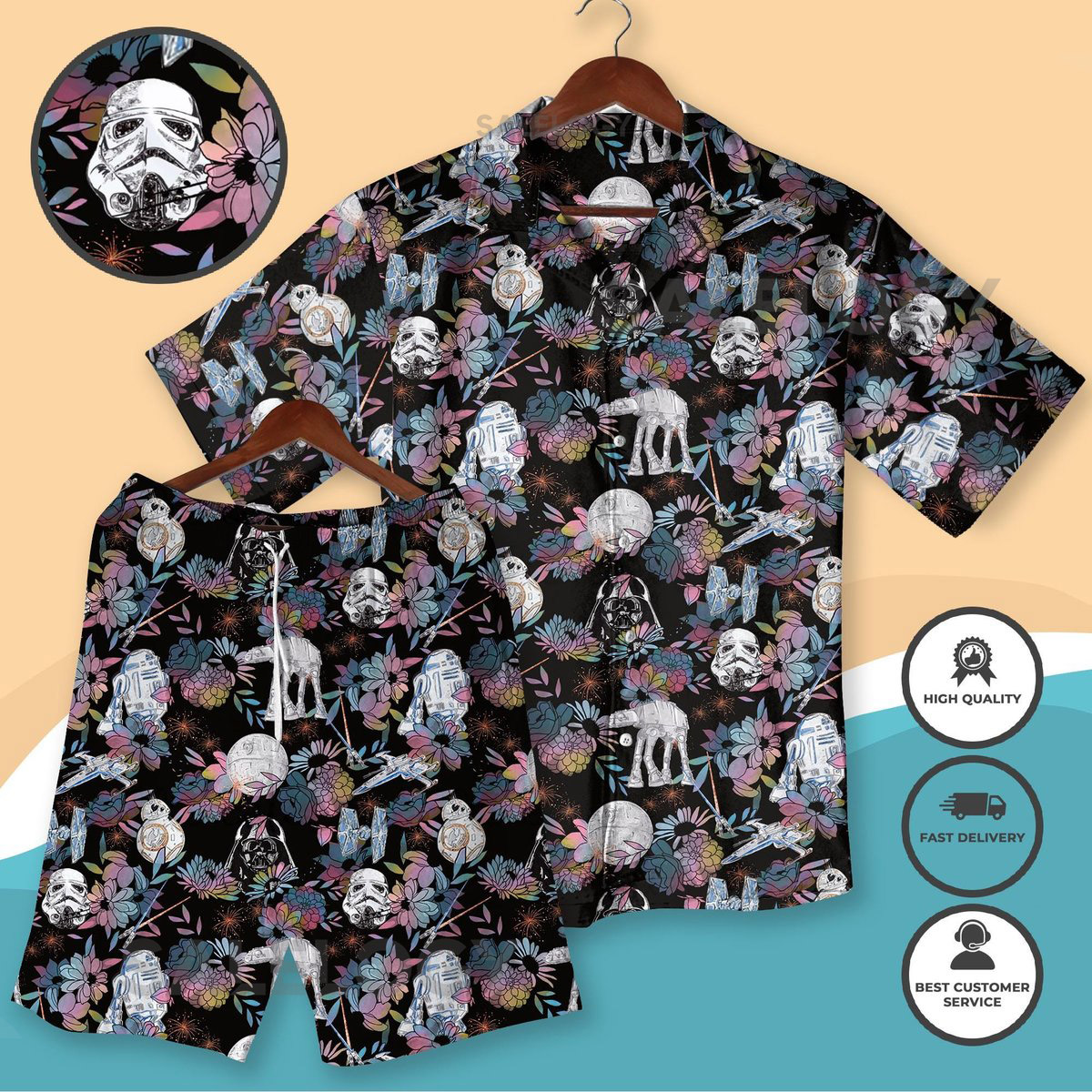 Star -Wars Floral Hawaiian Shirt And Shorts Sci-Fi Flower Beach Outfit Trooper Vader R2D2 Tropical Apparel Star - War Summer Vacation Gift_256
