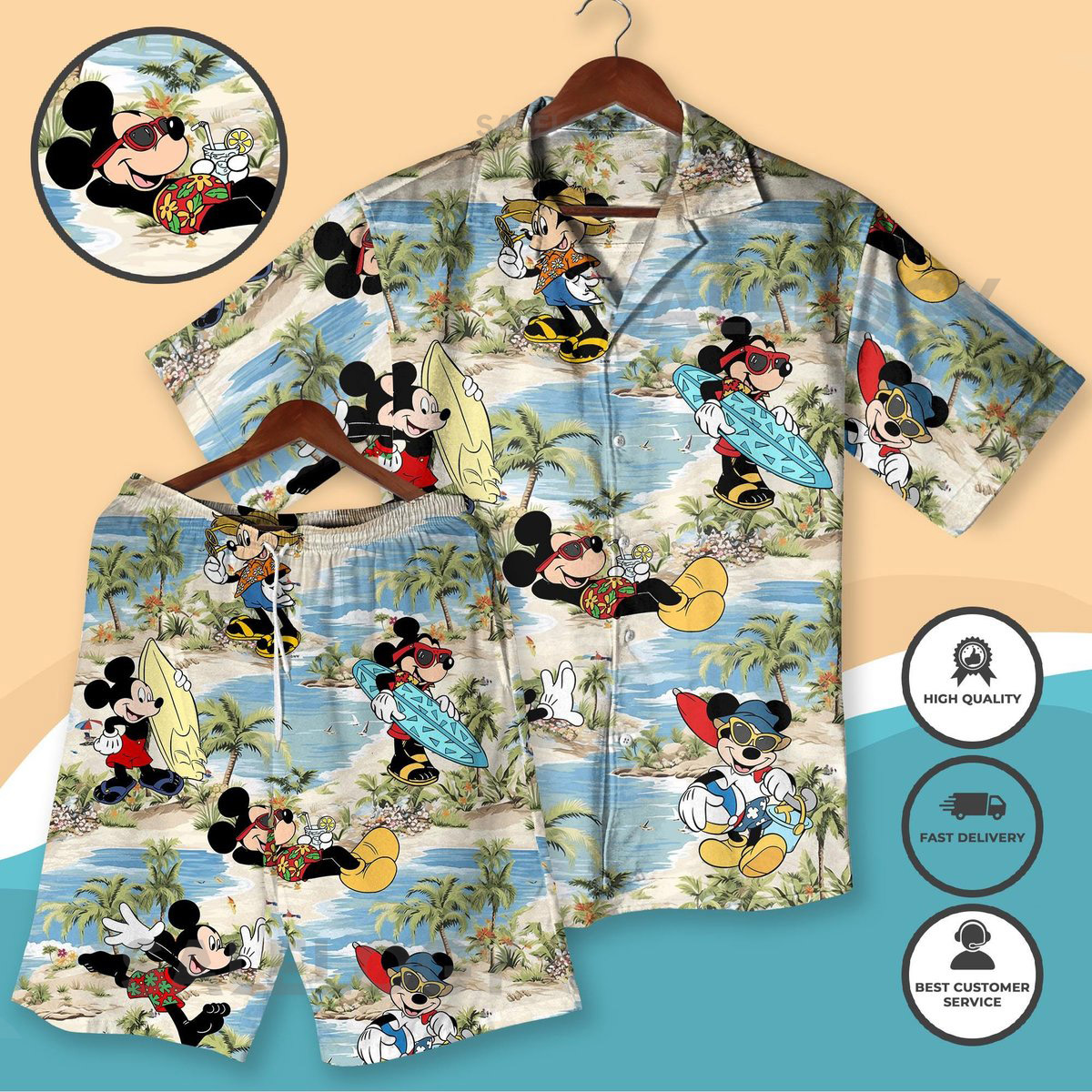 Mickey Mouse Surfing Hawaiian Shirt And Shorts Beach Vacation Outfit Summer Surfer Mickey Apparel Palm Tree Resort Wear Fun Trip Shirt_190