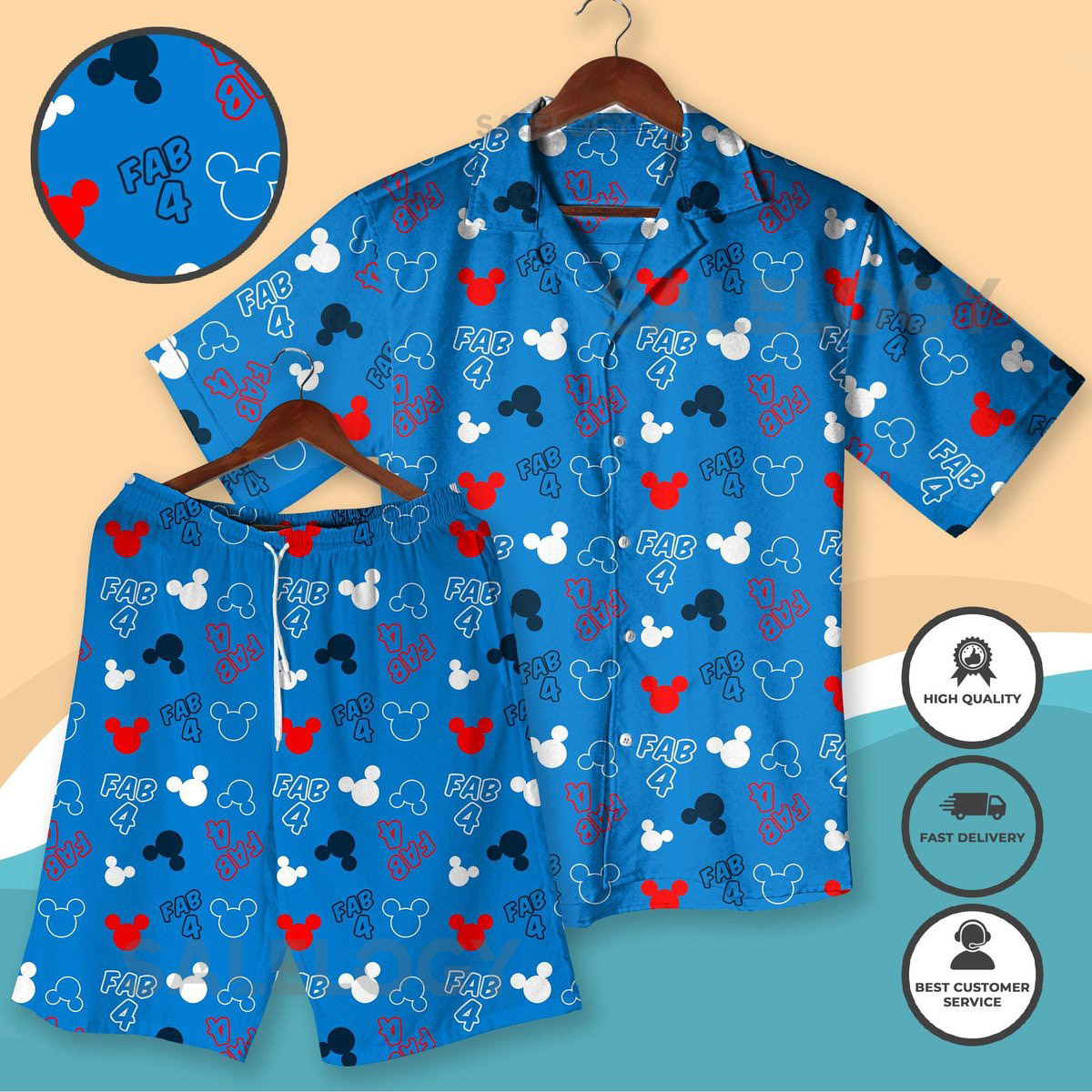 Mickey quotFab 4quot Mickey Head Hawaiian Shirt And Shorts Set Blue Red Black Beach Outfit Family World Trip Apparel Summer Vacation Clothes_193