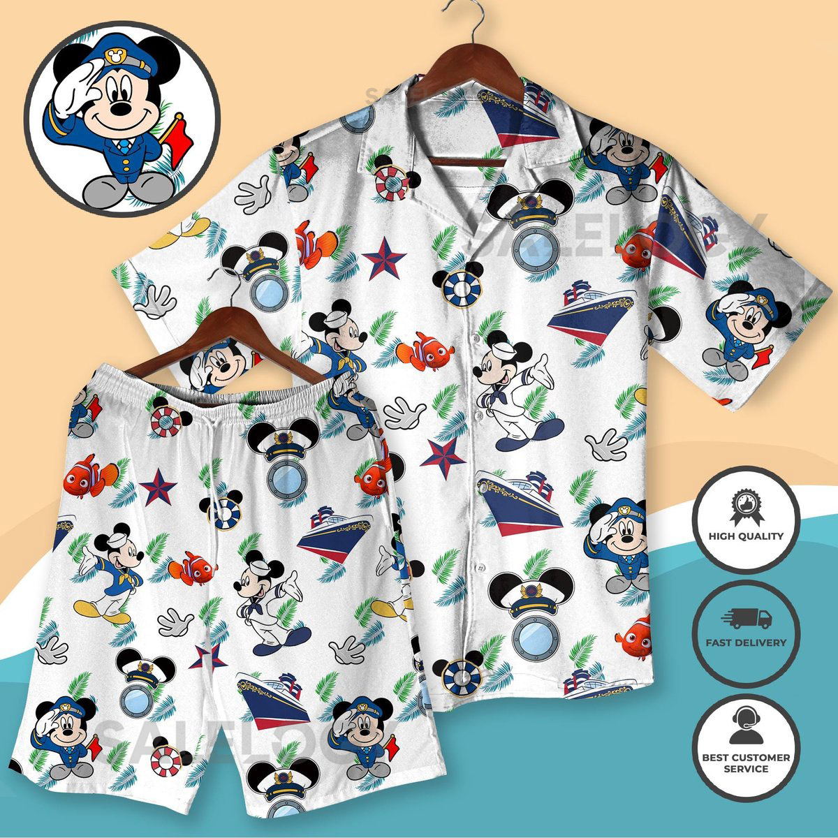 Mickey Mouse Captain Hawaiian Shirt And Shorts Set Miceky Cruise Outfit Nautical Beach Apparel Sailor Mickey Vacation Wear Family Trip_169