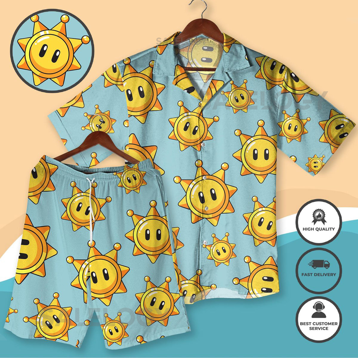 Shine Sprite Hawaiian Shirt Super Mario Inspired Summer Shirt Retro Gamer Gift for Him Cute Sun Print Aloha Shirt Vacation Beach Shirt_237