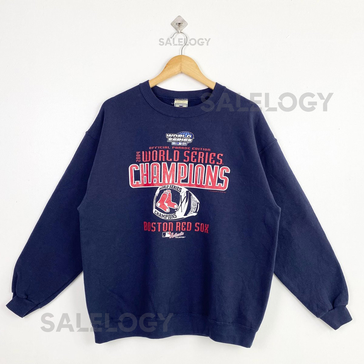 Vintage MLB Boston Red Sox Crewneck Sweatshirt Print Logo Blue Color Mens L_706