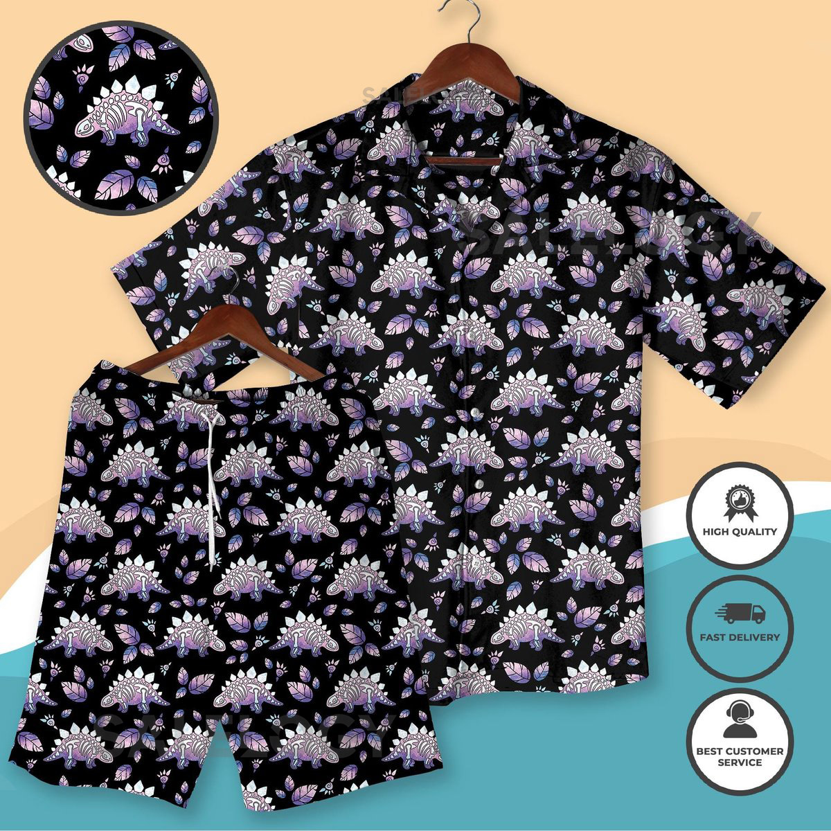Stegosaurus Hawaiian Shirt and Shorts Cute Dino Tropical Outfit Purple Dinosaur Summer Matching Set Funny Vacation Beachwear_257