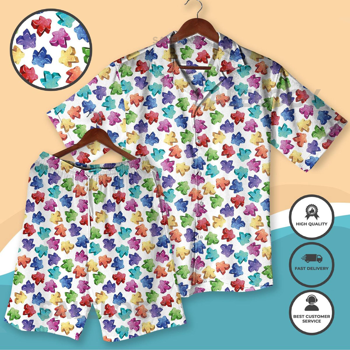 Colorful Meeple Print Hawaiian Shirt and Shorts Board Game Party Outfit Unisex Summer Matching Shirt Gamer Gift_51