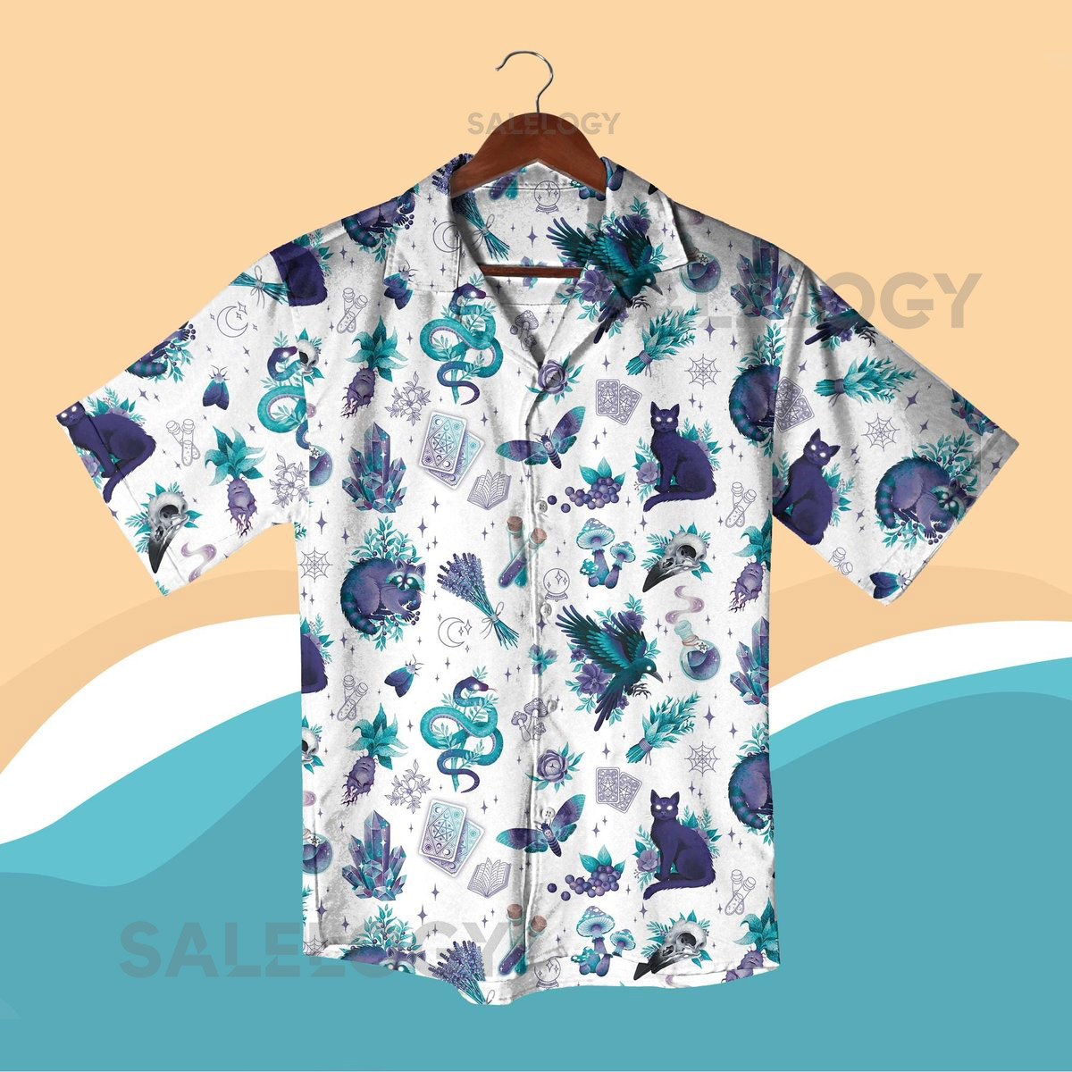 Witchy Black Cat Hawaiian Shirt Occult Summer Matching Shirt Shorts Mystical Snake Tarot Print Outfit Gift for Wicca Lover Halloween Shirt_294