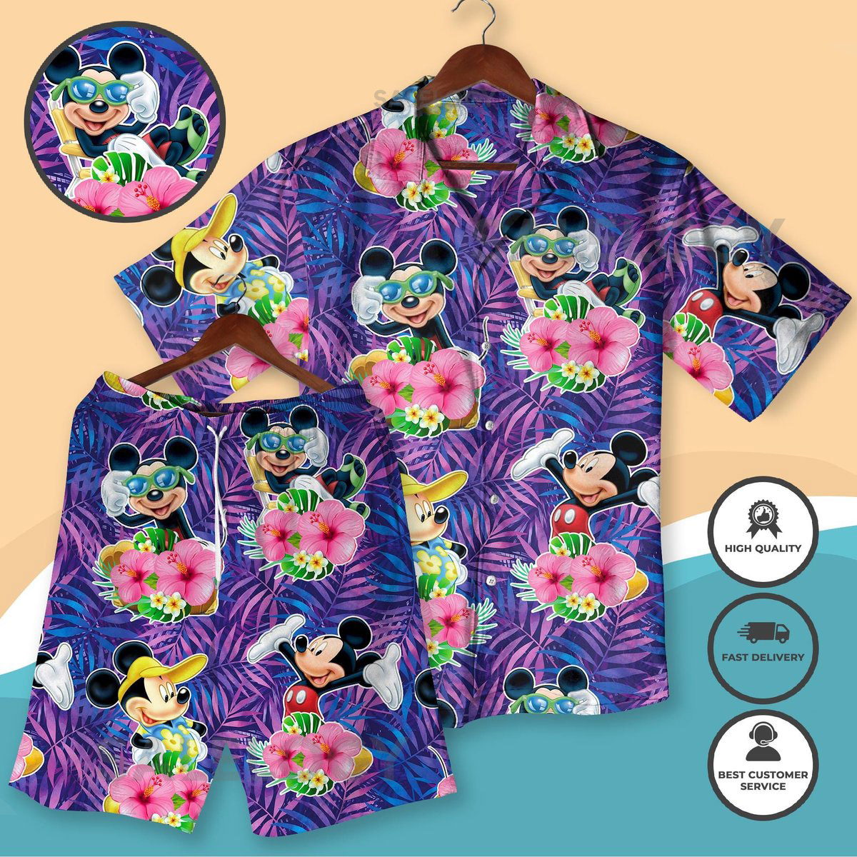 Mickey Hawaiian Shirt Set Summer Beach Outfit Tropical Vacation Clothes Funny Shirt Mickey Friends Matching Set Hawaiian Beach Shirt_159