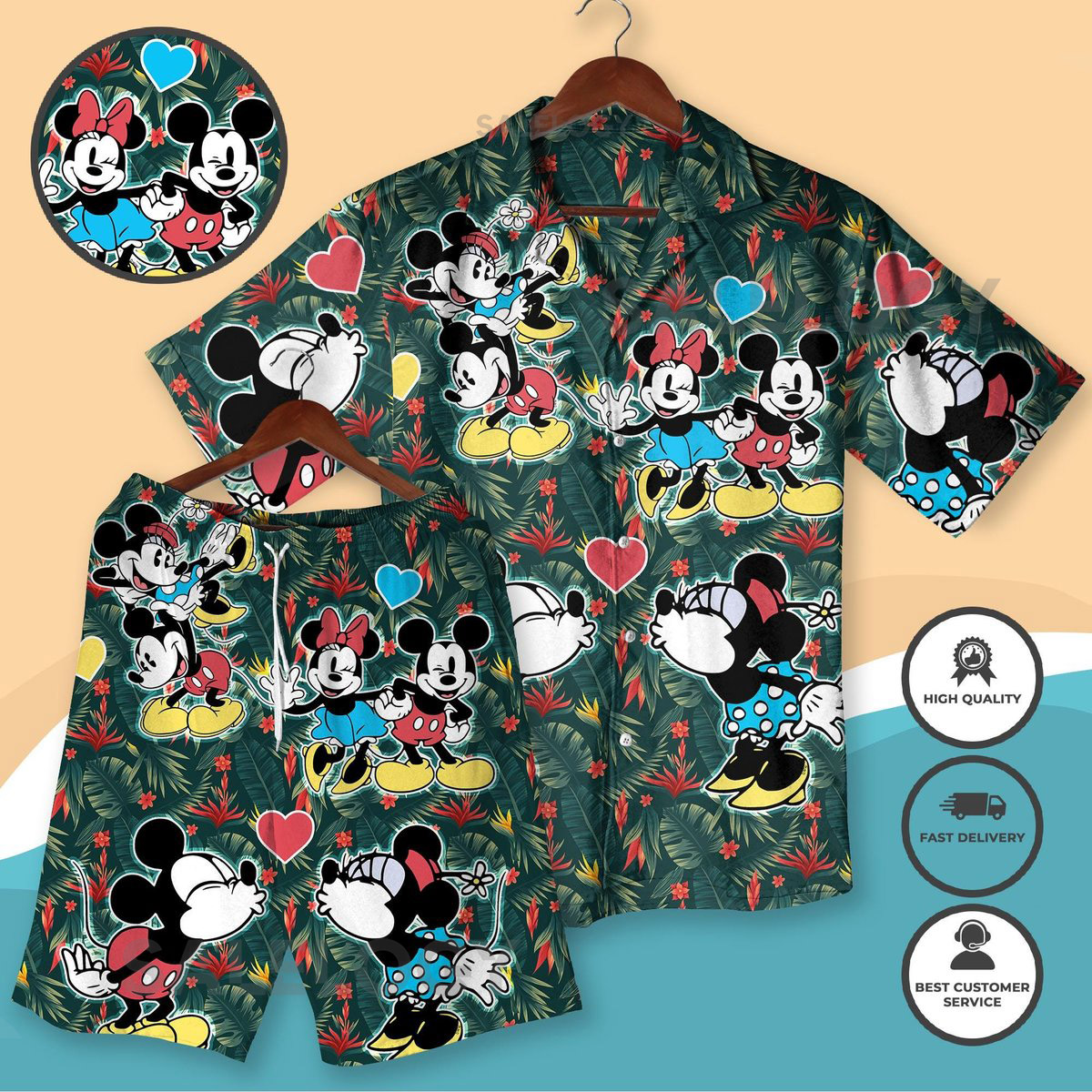 Mickey Minnie Hawaiian Shirt Set Couple Vacation Outfit Tropical Matching Set Cartoon Beachwear Gift Beach Shirt Hawaiian Shirt_164