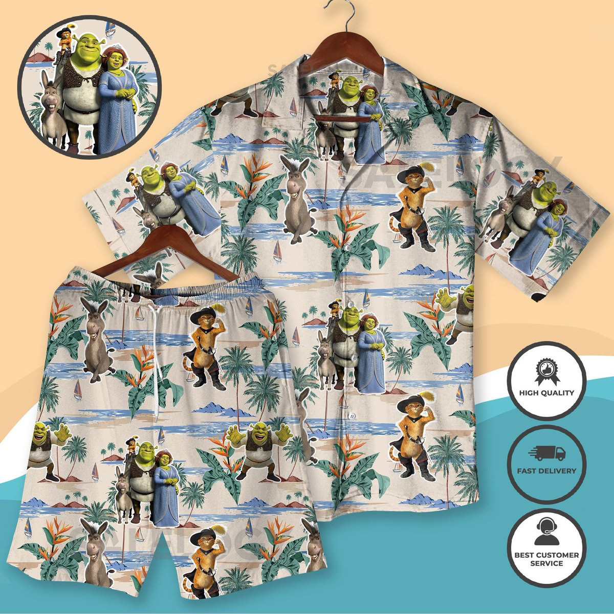 Shrek Friends Hawaiian Shirt Donkey Puss in Boots Aloha Outfit Funny Cartoon Beach Shirt Shorts Family Vacation Matching Movie Fan Gift_239
