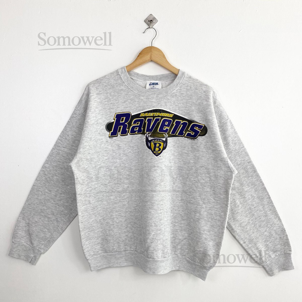 Vintage 90s Baltimore Ravens Crewneck Sweatshirt - NFL - Distressed - Print Logo - Grey Color - Mens Fit To L_914