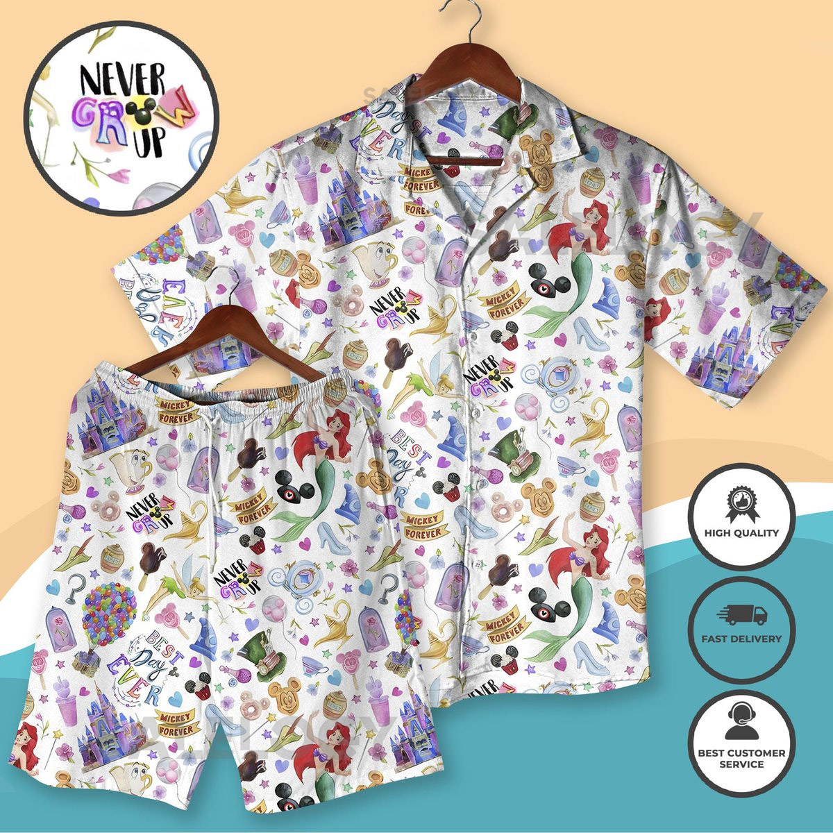 Themed Hawaiian Shirt Set Never Grow Up Hawaiian Shirt Summer Vacation Outfit Cute Hawaiian Button Down Shirt Park Day Outfit_276