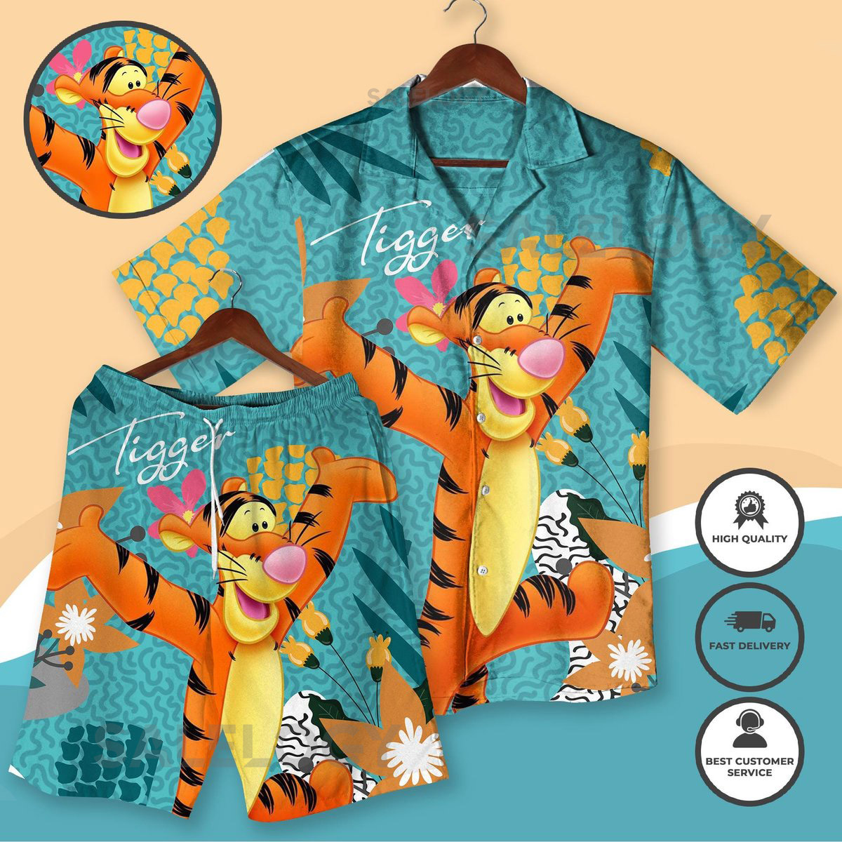 Tigger Hawaiian Shirt Set Winnie the Pooh Summer Outfit Cute Tigger Button Down Shirt Tropical Vacation Tigger Shirt Beach Shirt_277
