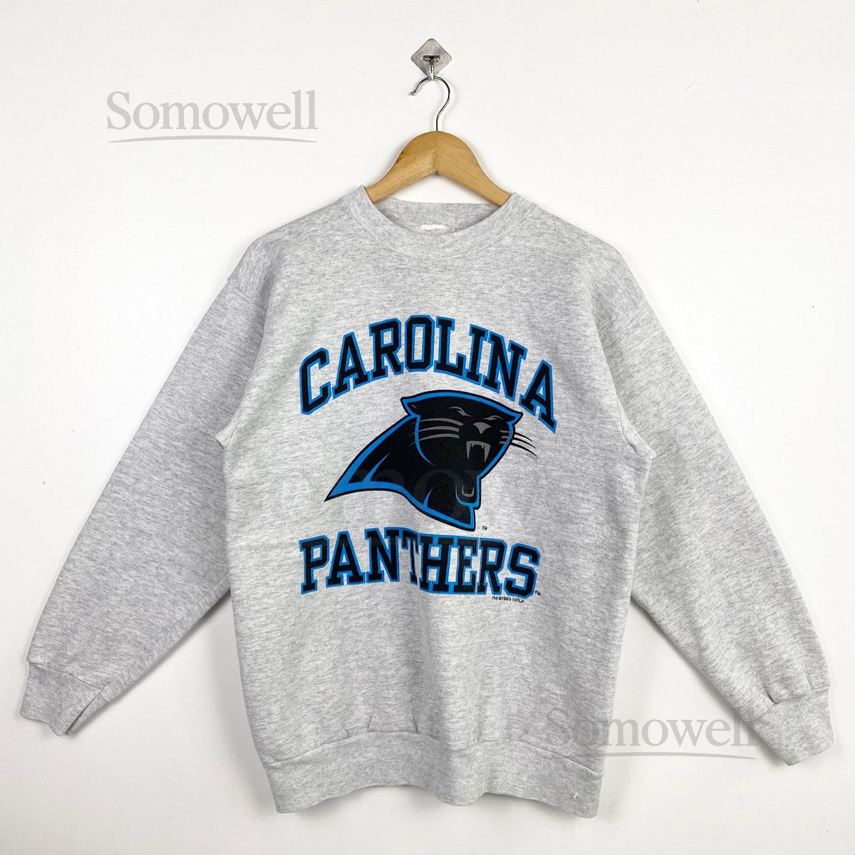 90s NFL Carolina Panthers Crewneck Sweatshirt Print Logo Grey Color Mens M_15