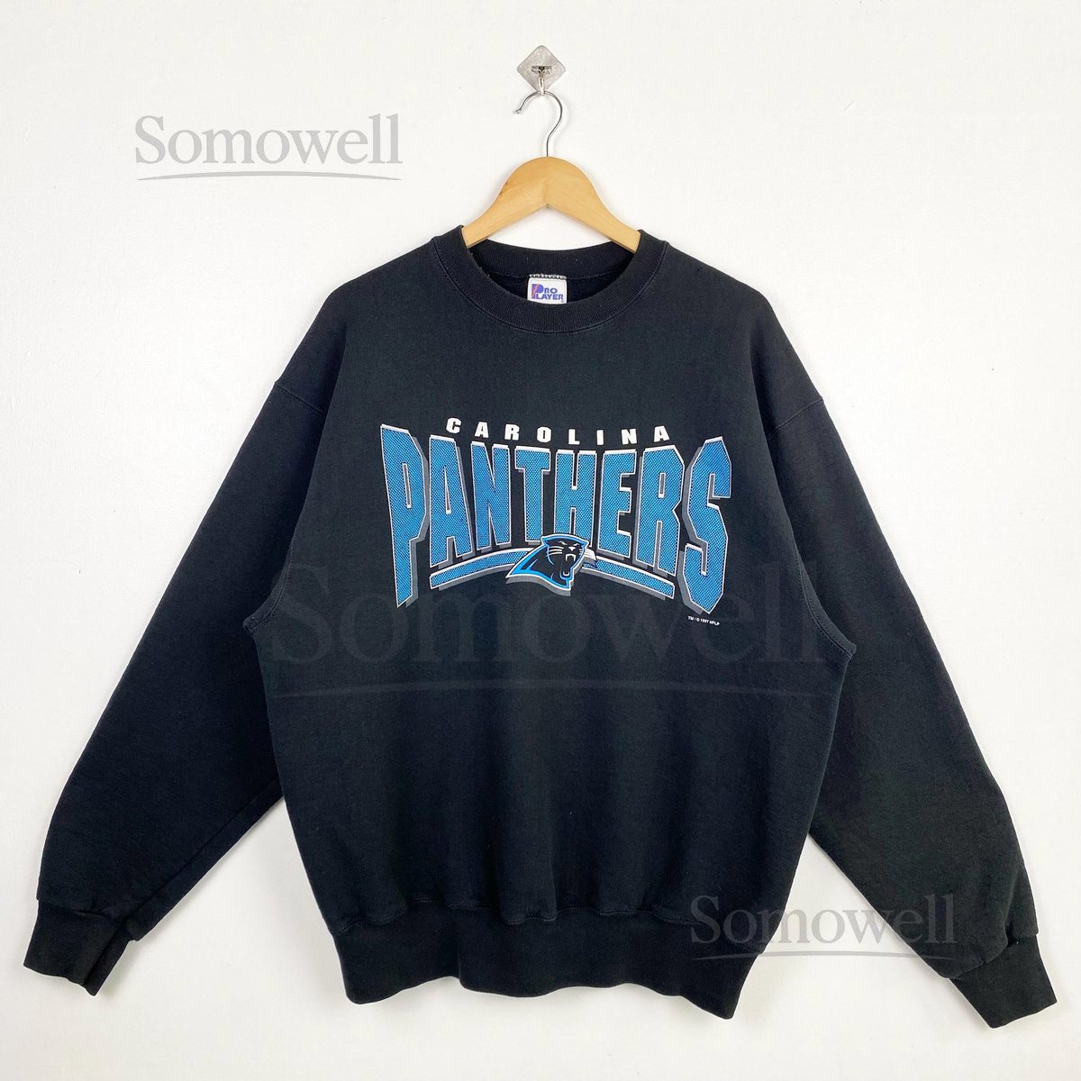 90s NFL Carolina Panthers Crewneck Sweatshirt Print Logo Black Color Mens XL_13