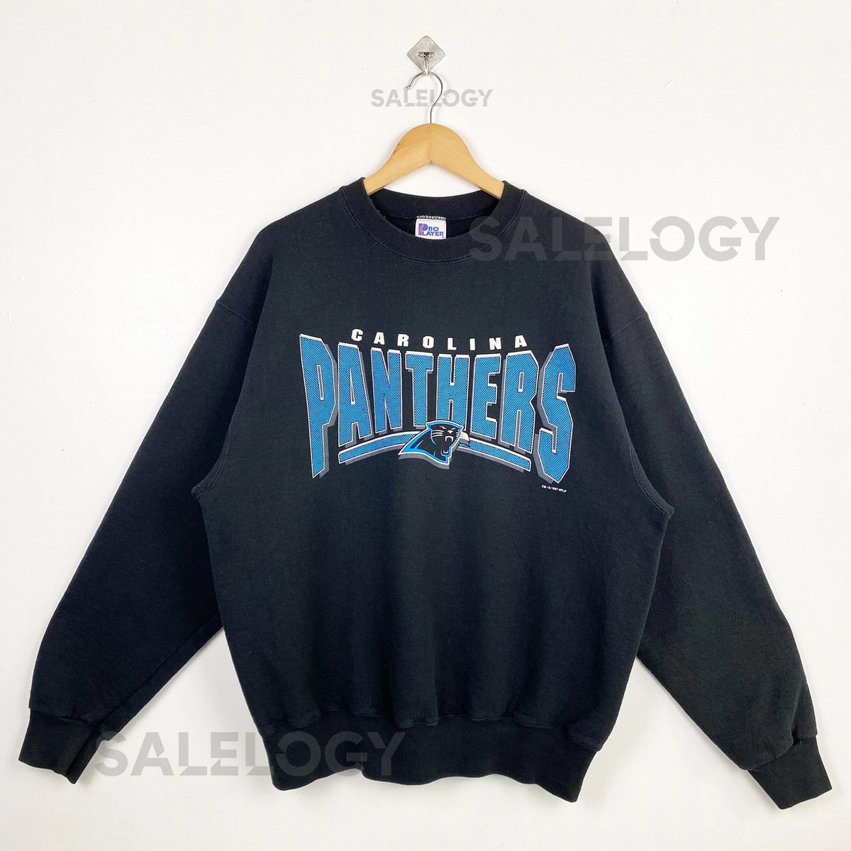90s NFL Carolina Panthers Crewneck Sweatshirt Print Logo Black Color Mens XL_13