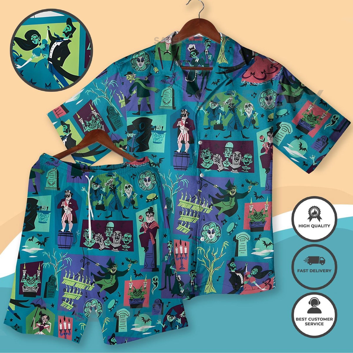 Haunted Mansion Hawaiian Shirt Shorts Spooky Cartoon Summer Outfit Retro Ghost Print Unisex Halloween Beachwear Halloween Shirt_116