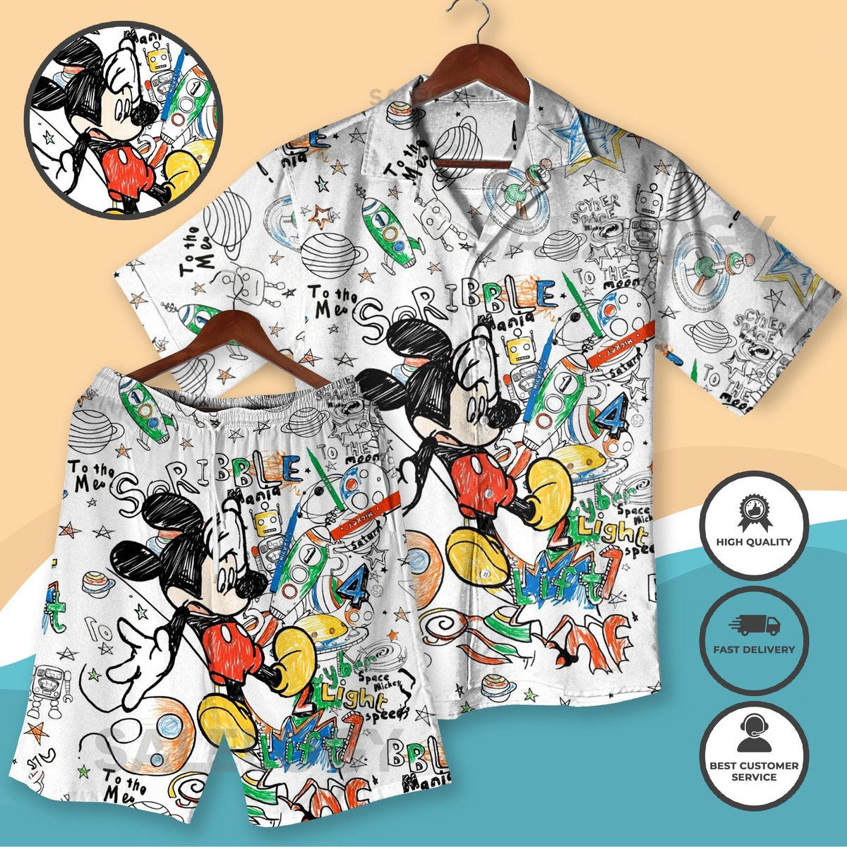 Mickey Mouse Sketch Hawaiian Shirt Shorts Set Cartoon Doodle Summer Outfit Space Theme Matching Set Mickey Shirt Beach Shirt_189