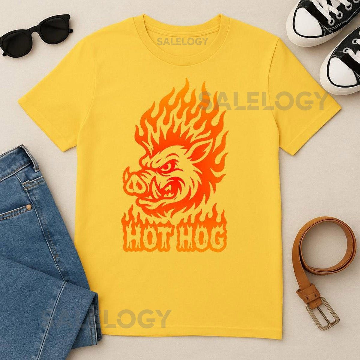 Hot Hog Graphic Tee Flaming Boar Vintage T-Shirt Unisex Yellow Shirt Cool Motorcycle Rider Gift Retro Flame Hog Tee Biker Shirt_194