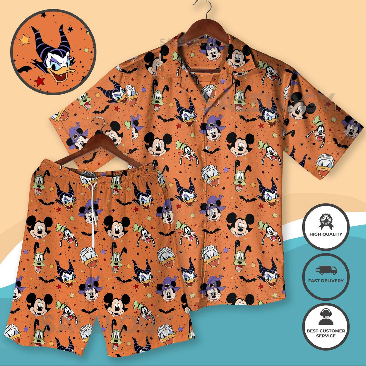 Halloween Cartoon Character Shirt Set Spooky Mouse Mummy Duck Goofy Vampire Matching Outfit Funny Orange Pajama Set Mickey Shirt_89