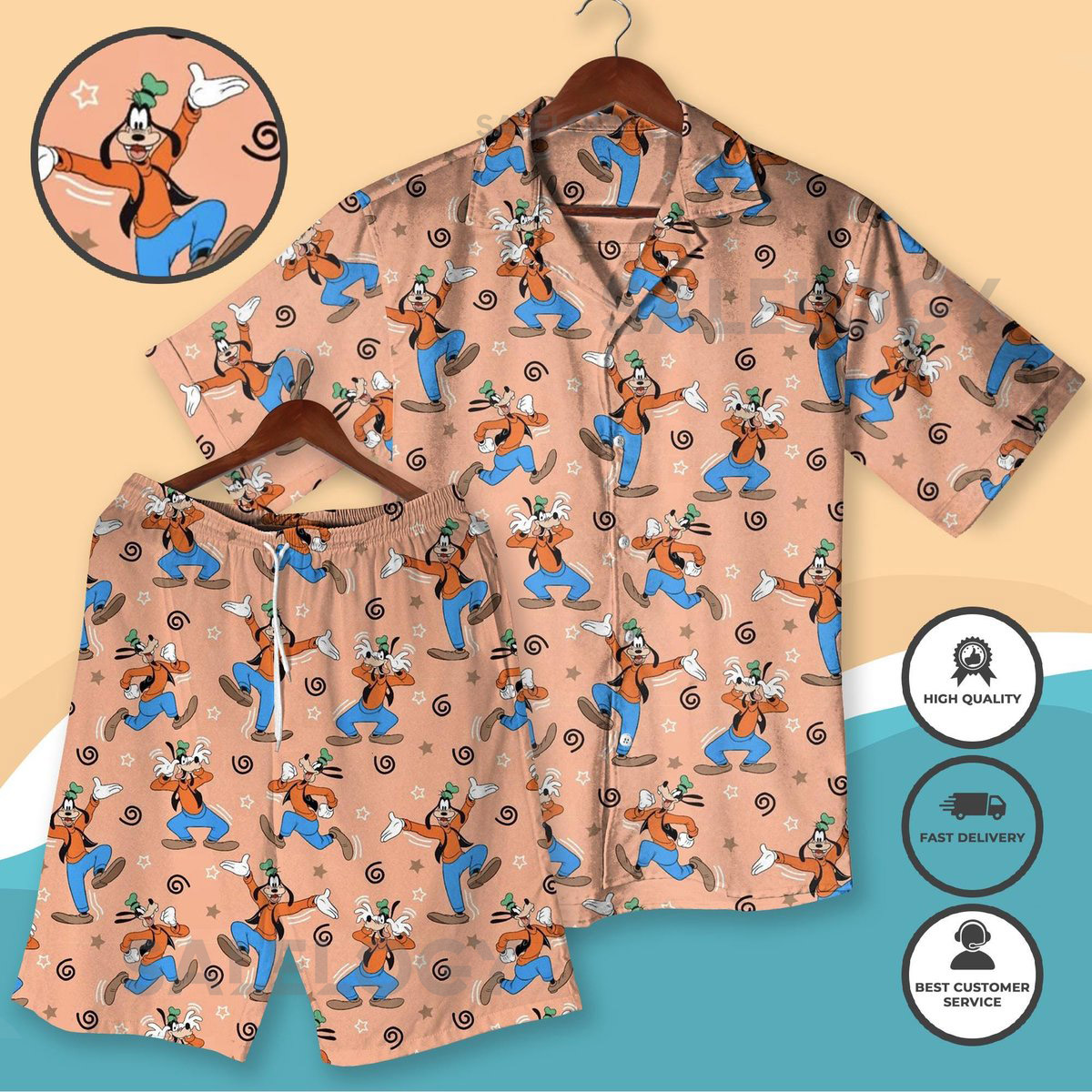 Goofy-Inspired Cartoon Shirt Set Funny Retro Character Hawaiian Shirt and Shorts Silly Vacation Halloween Outfit for Men Women Beach Shirt_87