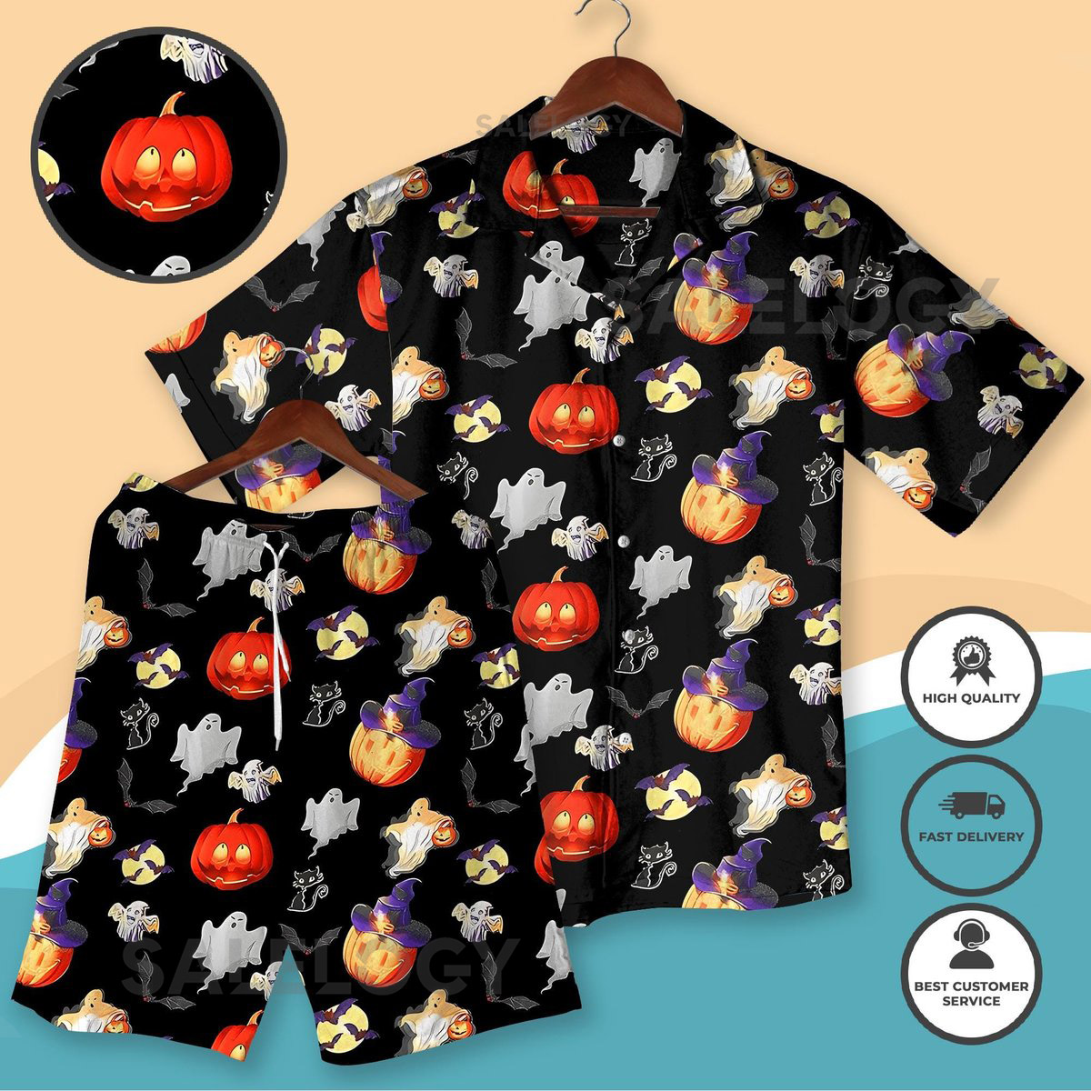 Halloween Pumpkin Ghost Hawaiian Shirt Set Spooky Cute Matching Outfit with Bats Cats Witch Hats Fall Vacation Costume Halloween Look_108