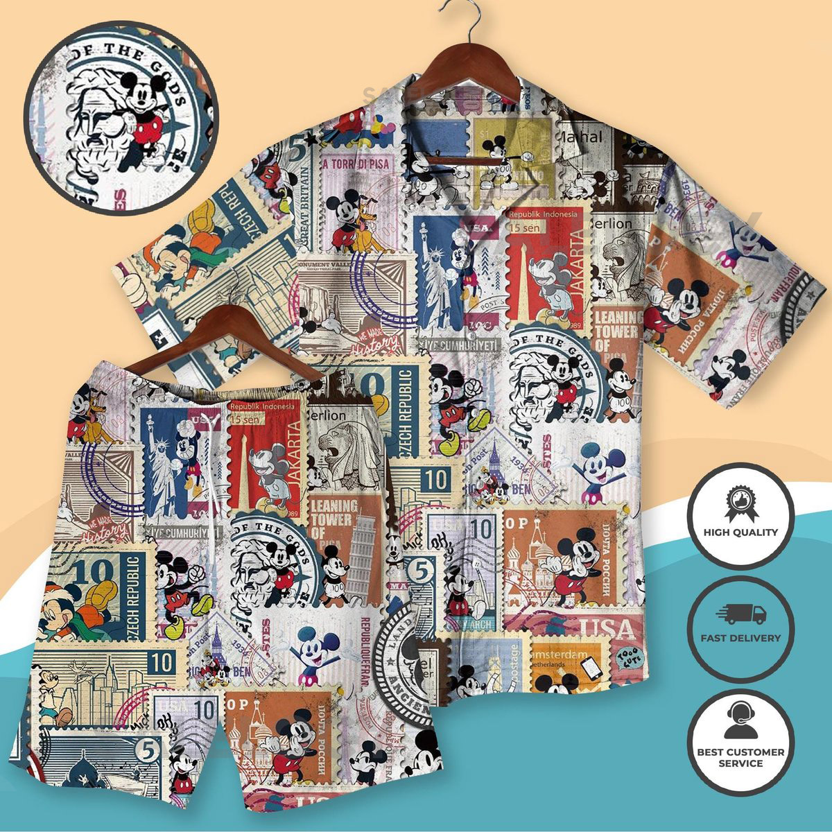 Retro Mickey Travel Stamp Print Hawaiian Shirt Set Vintage Postcard Mickey Vacation Shirt for Men Summer Outfit Graphic Resort Shirt_219