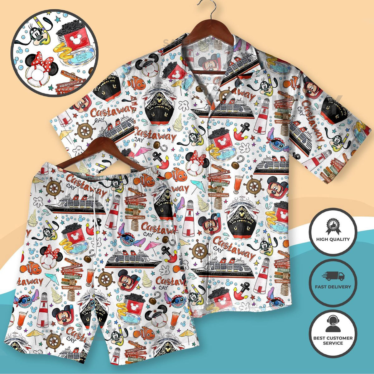 Mickey Cruise Hawaiian Shirt Castaway Cay Mickey Minnie Outfit Summer Beach Vacation Shirt Shorts for Men Cruise Wear Set Beach Shirt_144
