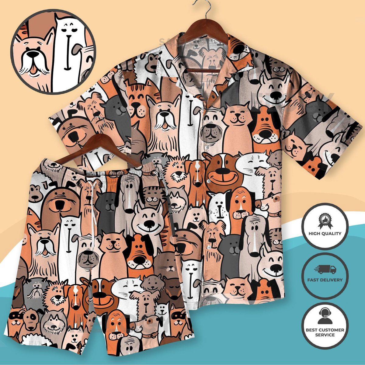 Dog and Cat Cartoon Hawaiian Shirt Set Funny Animal Print Summer Outfit Pet Lover Shirt Shorts Cute Dog Cat Matching Set Beach Shirt_66