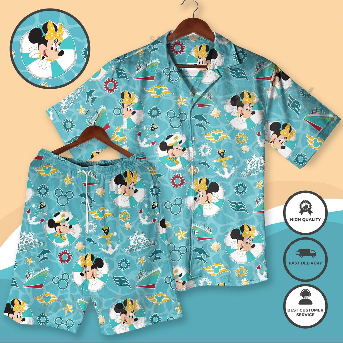 Tropical Mickey Cruise Cartoon Shirt Set Summer Beach Hawaiian Outfit Cute Mickey Mouse for Vacation Family Trips Matching Cruise Wear_284