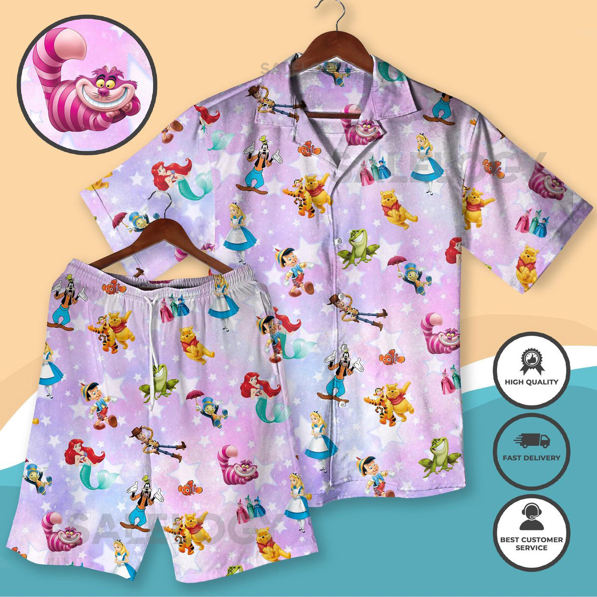 Hawaiian Shirt Set with Ariel Alice Pooh Goofy Cute Winnie And Friends Shirt Cartoon Character Vacation Outfit for Adults beach Shirt_117