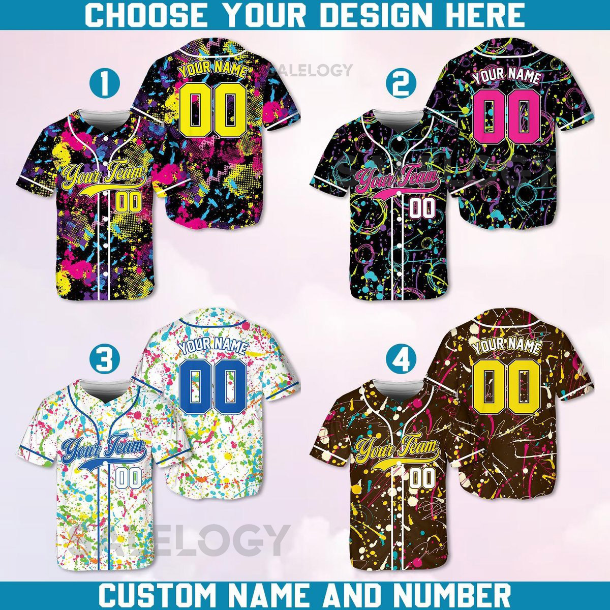 Personalized Paint Splatter Baseball Jersey for Adult Kid Youth Custom Name Number Neon Street Art Shirt Colorful Graffiti Team Shirt_300