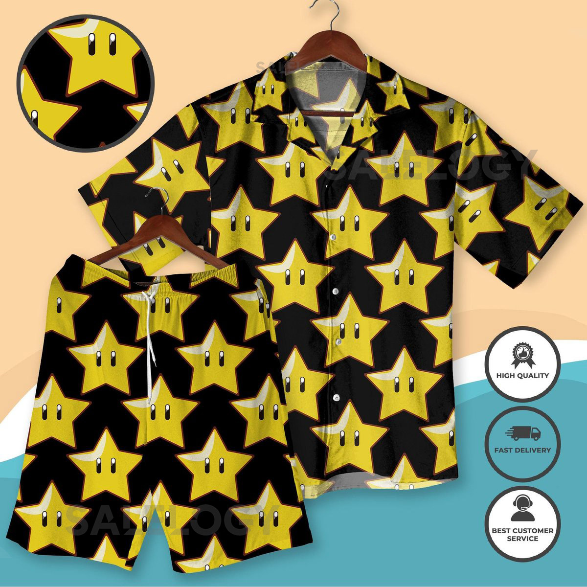 Shine Sprite Hawaiian Shirt Super Mario Inspired Summer Shirt Retro Gamer Gift for Him Cute Sun Print Aloha Shirt Vacation Beach Shirt_238