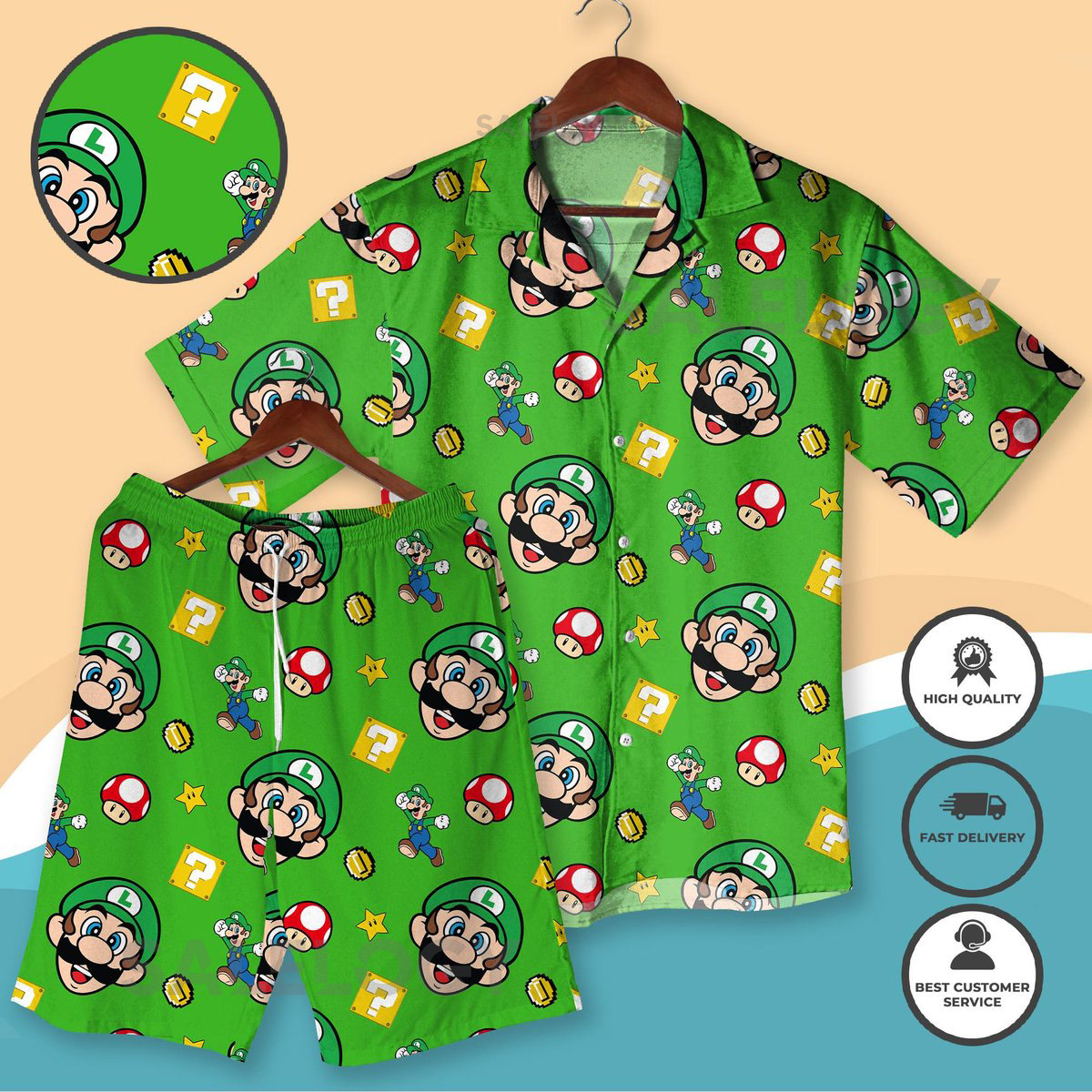 Green Luigi-Inspired Hawaiian Shirt Luigi Shirt Super Mario Hawaiian Shirt Retro Mushroom Game Summer Outfit Gamer Gift for Men Women_88
