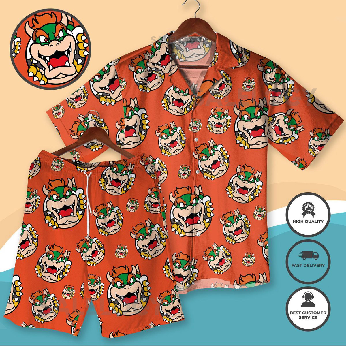 Bowser - Inspired Hawaiian Shirt - Mario Hawaiian Shirt Orange Bowser Retro Gamer Outfit Villain Cosplay Gift for Him Bowser Shirt_6