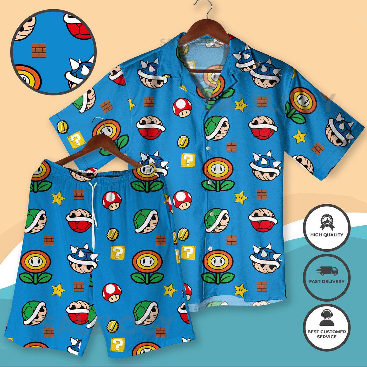 Blue Gamer Hawaiian Shirt Super Mushroom Shirt Fire Flower Shirt Koopa Shells Shirt Stars Shirt Bricks Shirt Super Mario Hawaiian Shirt_5