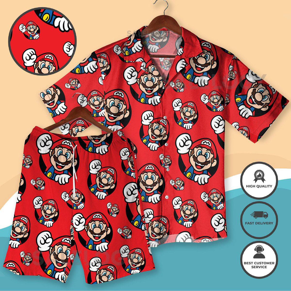 Super Mario Halloween Hawaiian Shirt Set Funny Gamer Costume Red Cartoon Aloha Shirt Nintendo Cosplay Vacation Outfit Hawaiian Shirt Men_267