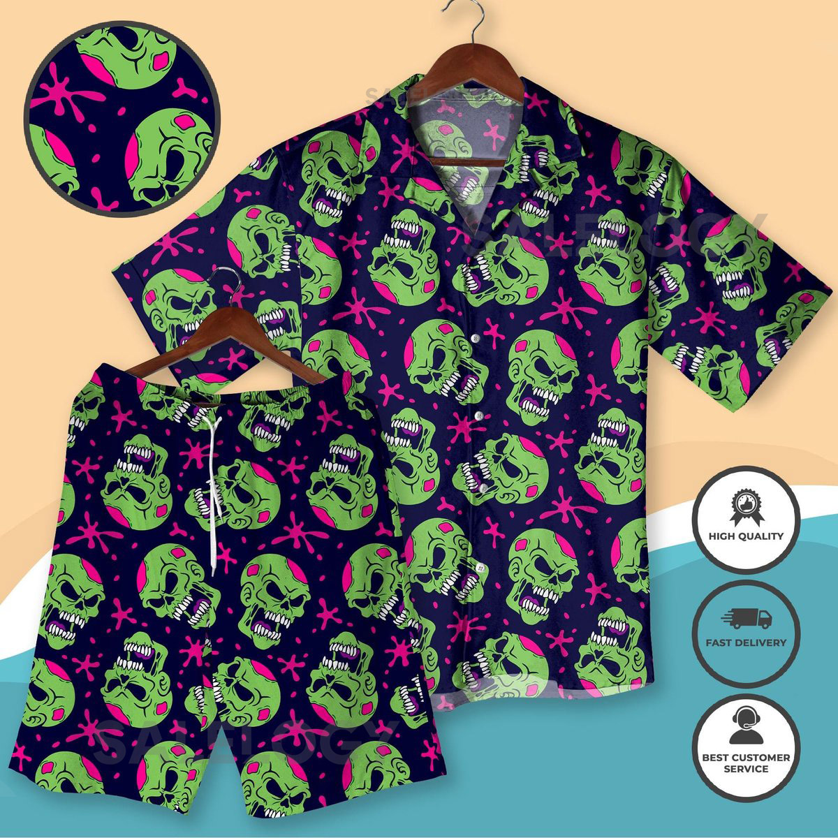 Halloween Zombie Skull Hawaiian Shirt Set Halloween Horror Outfit Spooky Vacation Shirt Skull Shirt Halloween Shirt Gifts Idea_113