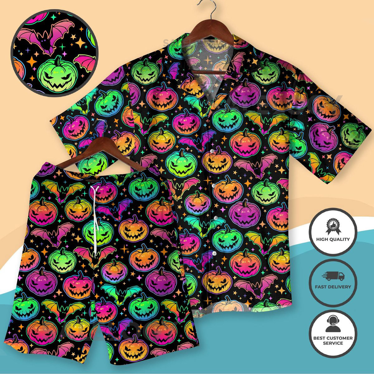 Neon Pumpkin and Bat Halloween Hawaiian Shirt Colorful Pumpkin Bat Aloha Outfit Funny Spooky Costume Men Women halloween gifts idea_204