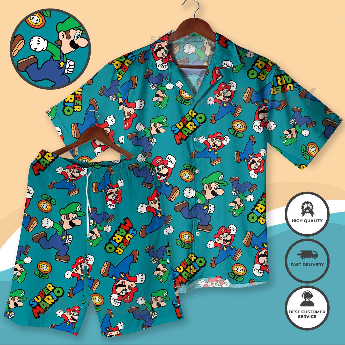 Super Mario Luigi Hawaiian Shirt Set Retro Gamer Summer Outfit for Men - Sunshine Hawaiian Shirt - Gamer Gift for Him or Her_270