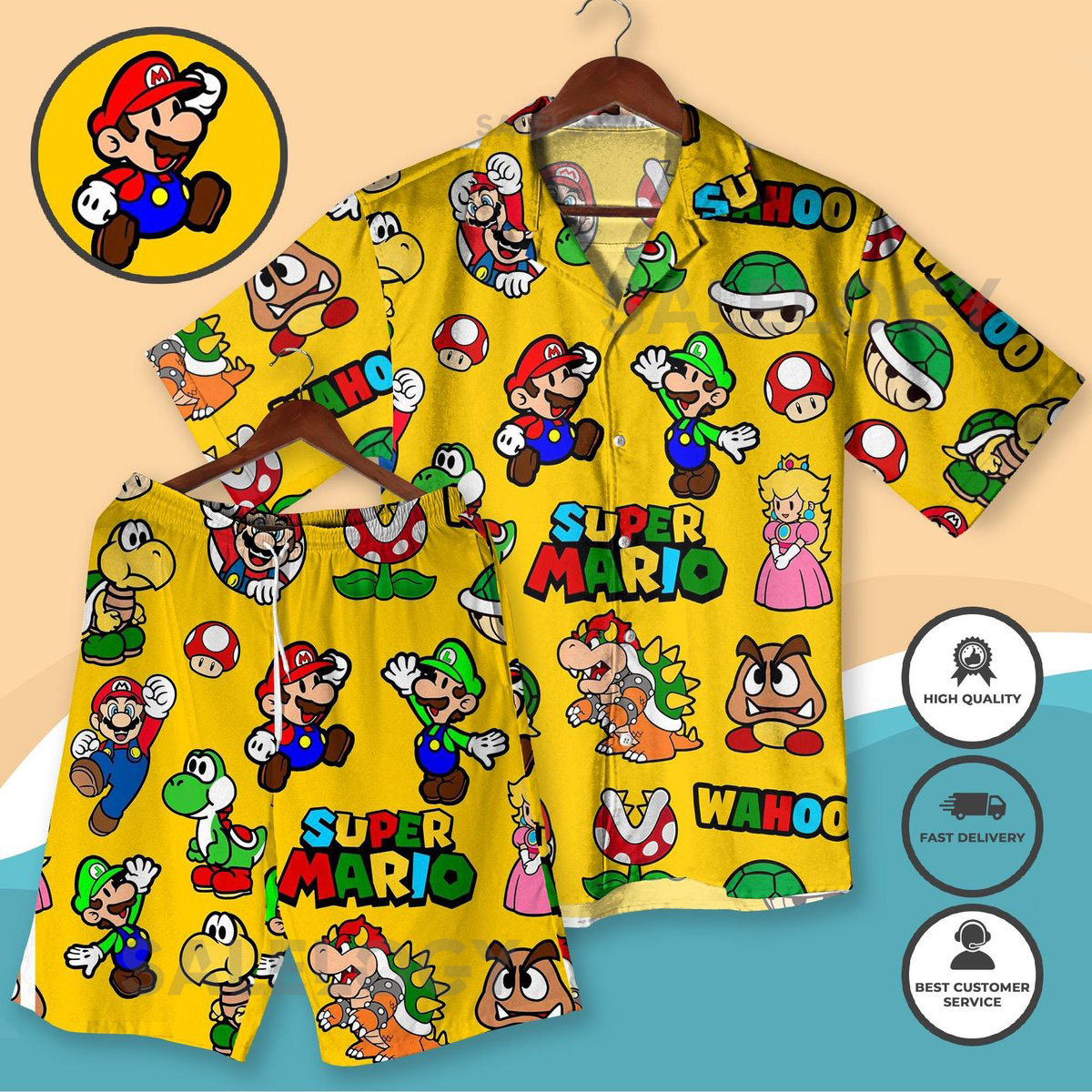 Super Mario Hawaiian Shirt and Shorts Set Yellow Gamer Aloha Beach Outfit Luigi Yoshi Peach Bowser Summer Beachwear Nintendo Party Clothes_269