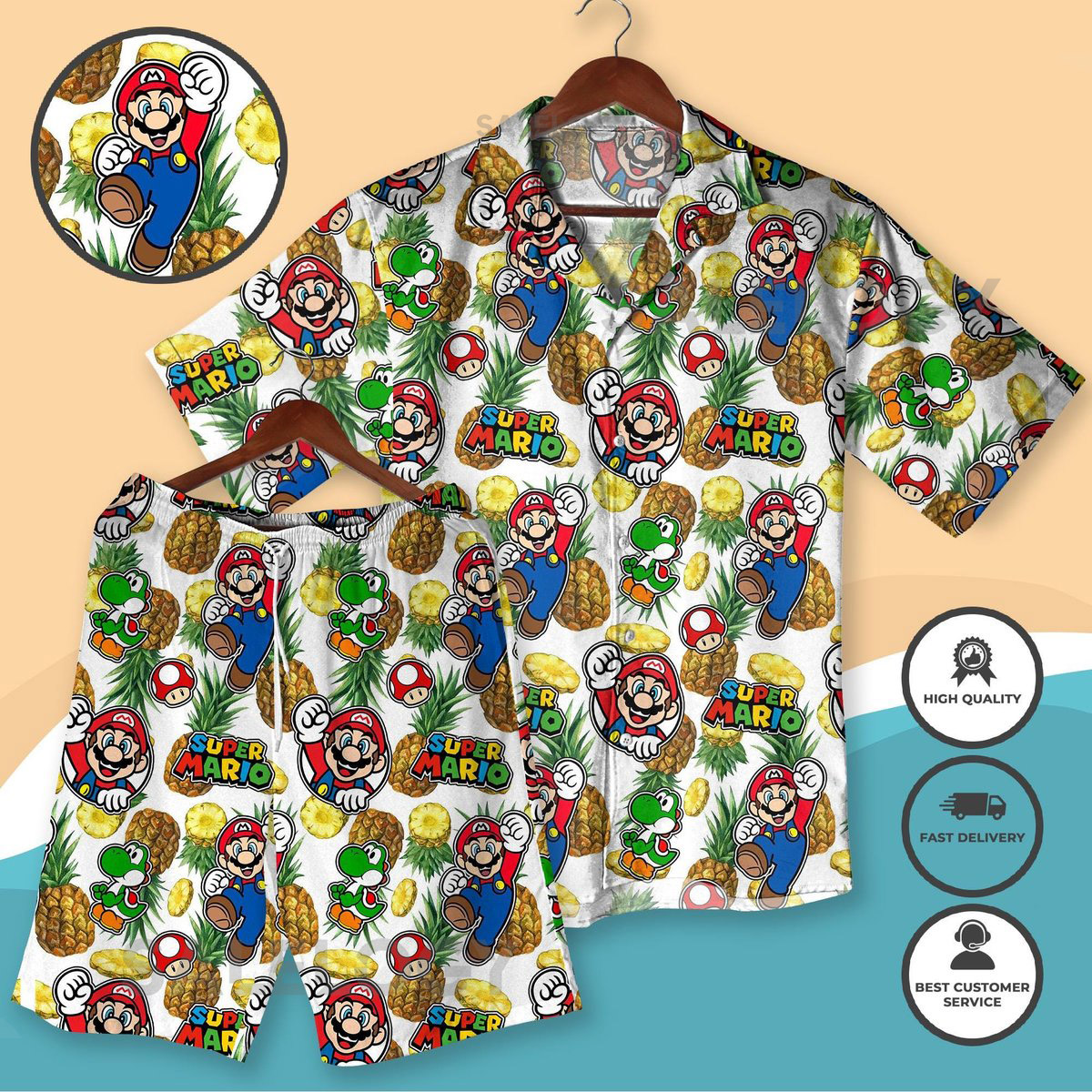 Super Mario Hawaiian Shirt and Shorts Mario Yoshi Aloha Outfit Gamer Summer Beachwear Funny Nintendo Party Outfit Shirt For Him_268
