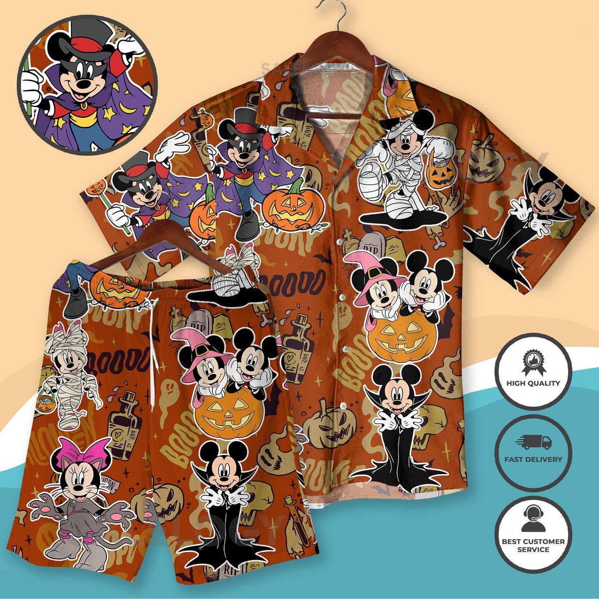Halloween Mickey Hawaiian Shirt and Shorts Set Mickey Minnie Spooky Outfit Pumpkin Halloween Costume Cute Fall Aloha Shirt Halloween Outfit_100