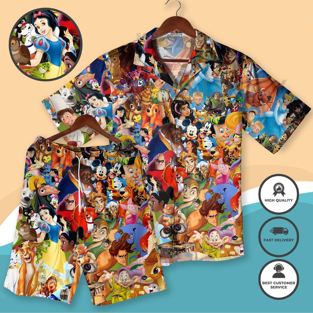 Cartoon Character Hawaiian Shirt and Shorts Set Cartoon Collage Aloha Outfit Pixar Mickey Princess Summer Beachwear Beach Shirts Gift_9