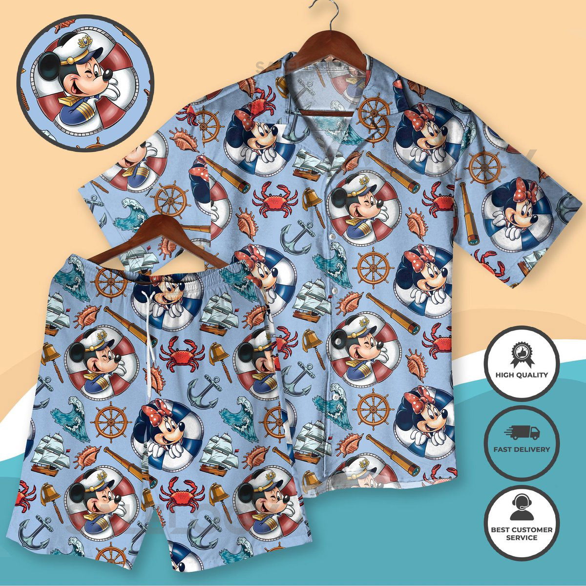 Captain Mickey Minnie Hawaiian Shirt Set Nautical Mickey Cruise Outfit Funny Summer Matching Vacation Clothes Beach Shirt Gifts_8