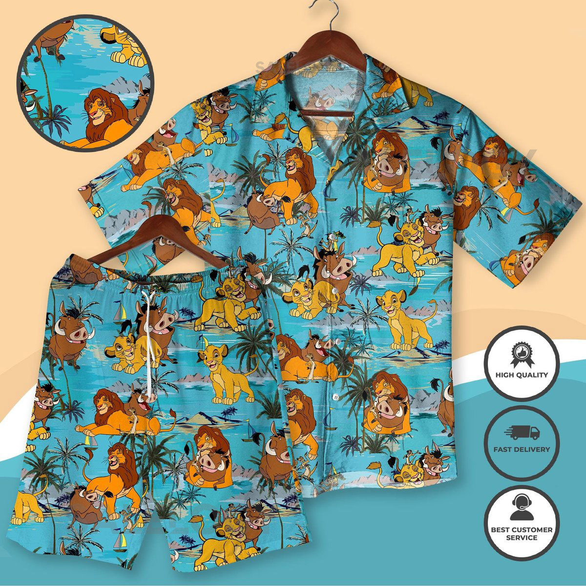Simba And timon Pumbaa Hawaiian Shirt Set Tropical Outfit with Simba Timon Pumbaa Vacation Matching Beach Clothes Beach Shirt_240