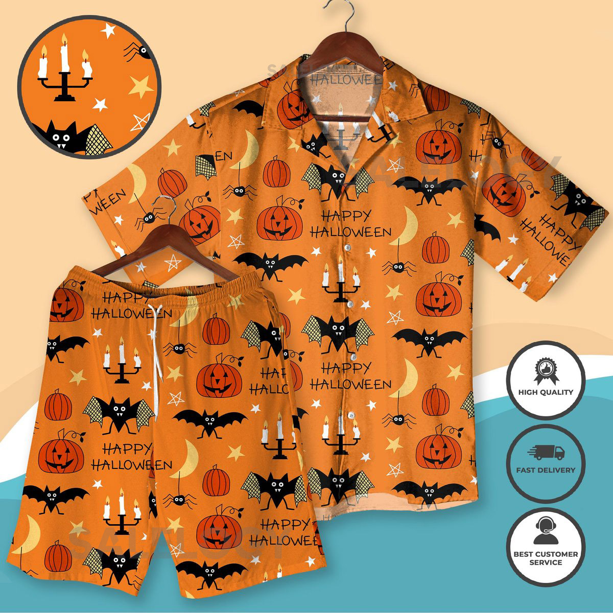 Halloween Hawaiian Shirt Shorts Set Pumpkin Bat Print Aloha Outfit Spooky Holiday Party Beachwear for Men Women Halloween Outfit_95