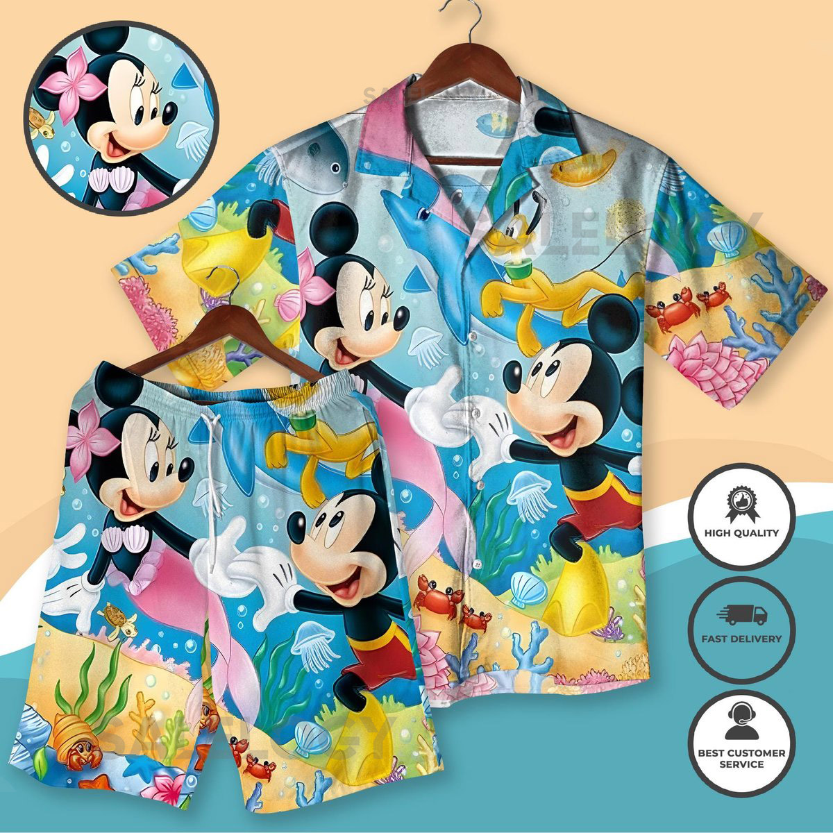 Ocean Mickey Minnie Hawaiian Shirt and Shorts Underwater Theme Mickey Cruise Outfit Fun Summer Beachwear for Family Trips Mickey Friend_207