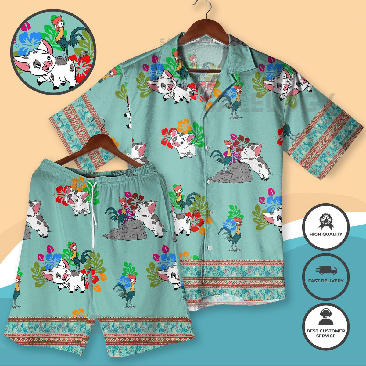 Pua and Hei Hei Hawaiian Shirt Set Cartoon -Inspired Cruise Outfit Tropical Matching Beachwear for Family Vacation Luau Party Shirt_215