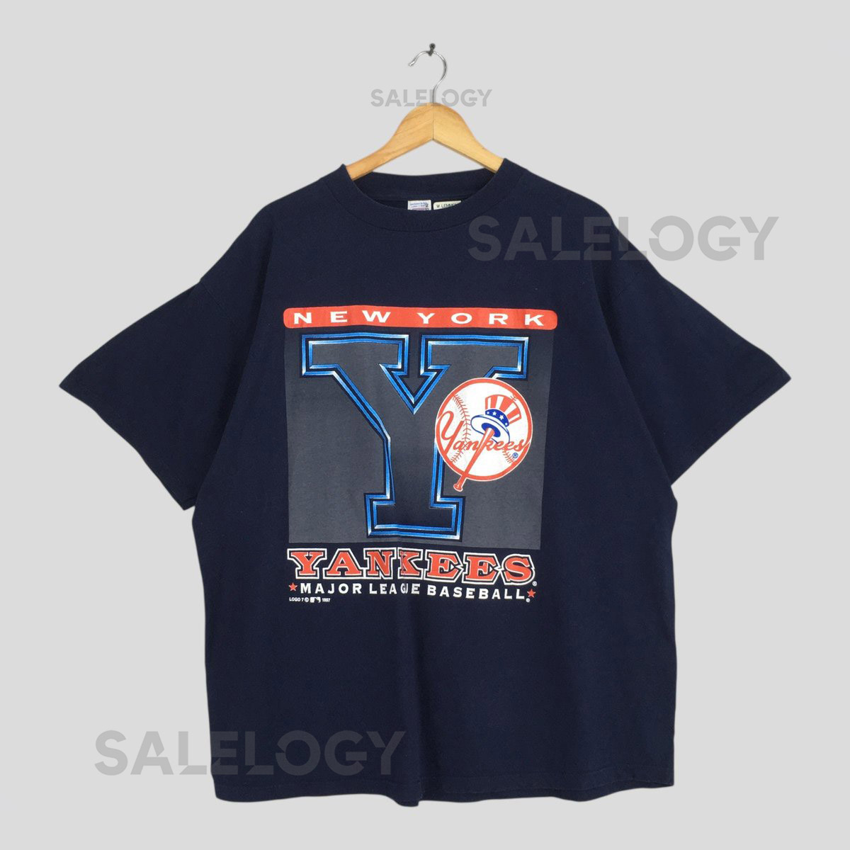 Vintage 90s New York Yankees MLB Blue T shirt XXLarge New York Yankees Printed Spell Out Jersey NY Yankees Baseball World Series Tees XXL_438