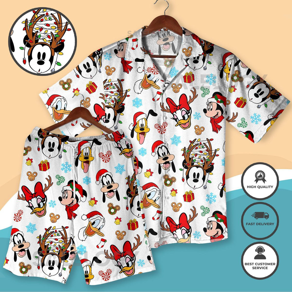 Christmas Hawaiian Shirt Set Mickey Minnie Goofy Donald Pluto Christmas Shirt Holiday Cartoon Aloha Shirt Hawaiian Shirt Xmas Outfit_31