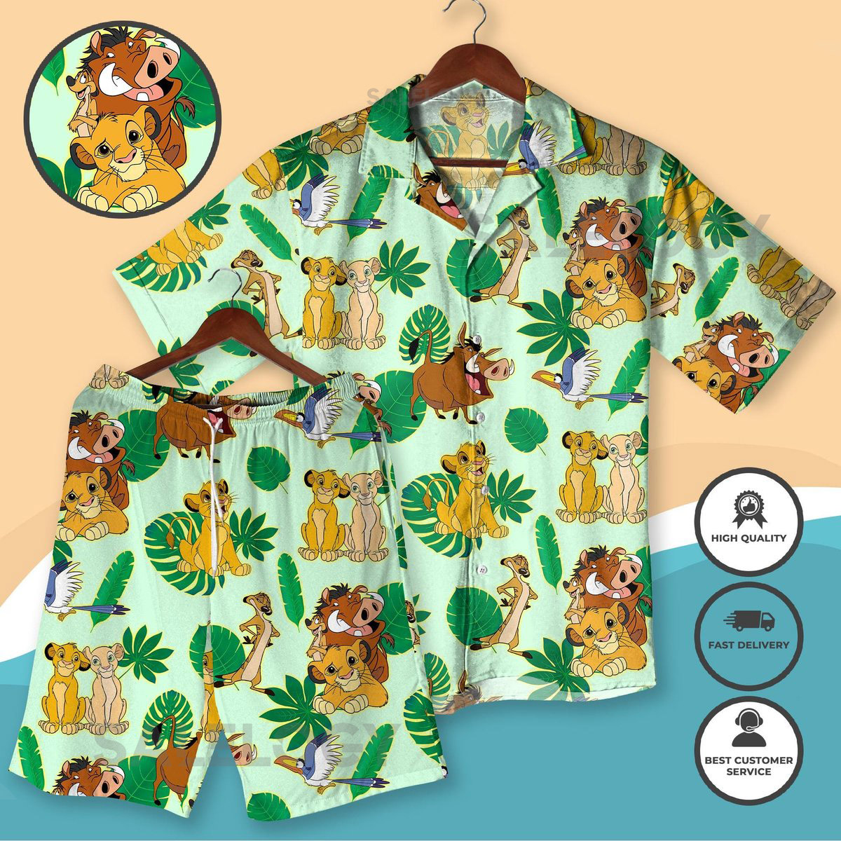 Cartoon Hawaiian Shirt Set Simba Nala Timon Pumbaa Hawaiian Shirt Jungle Cartoon Outfit Summer Lounge Matching Set Beach Shirt Gifts_10